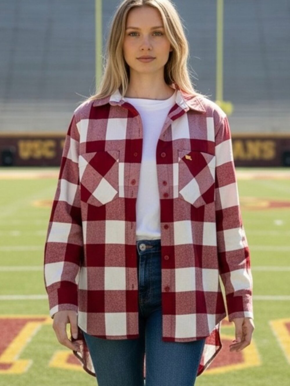 USC Trojan Flannel Shirt  Women Small Red Plaid Paxton‎ Long Sleeve